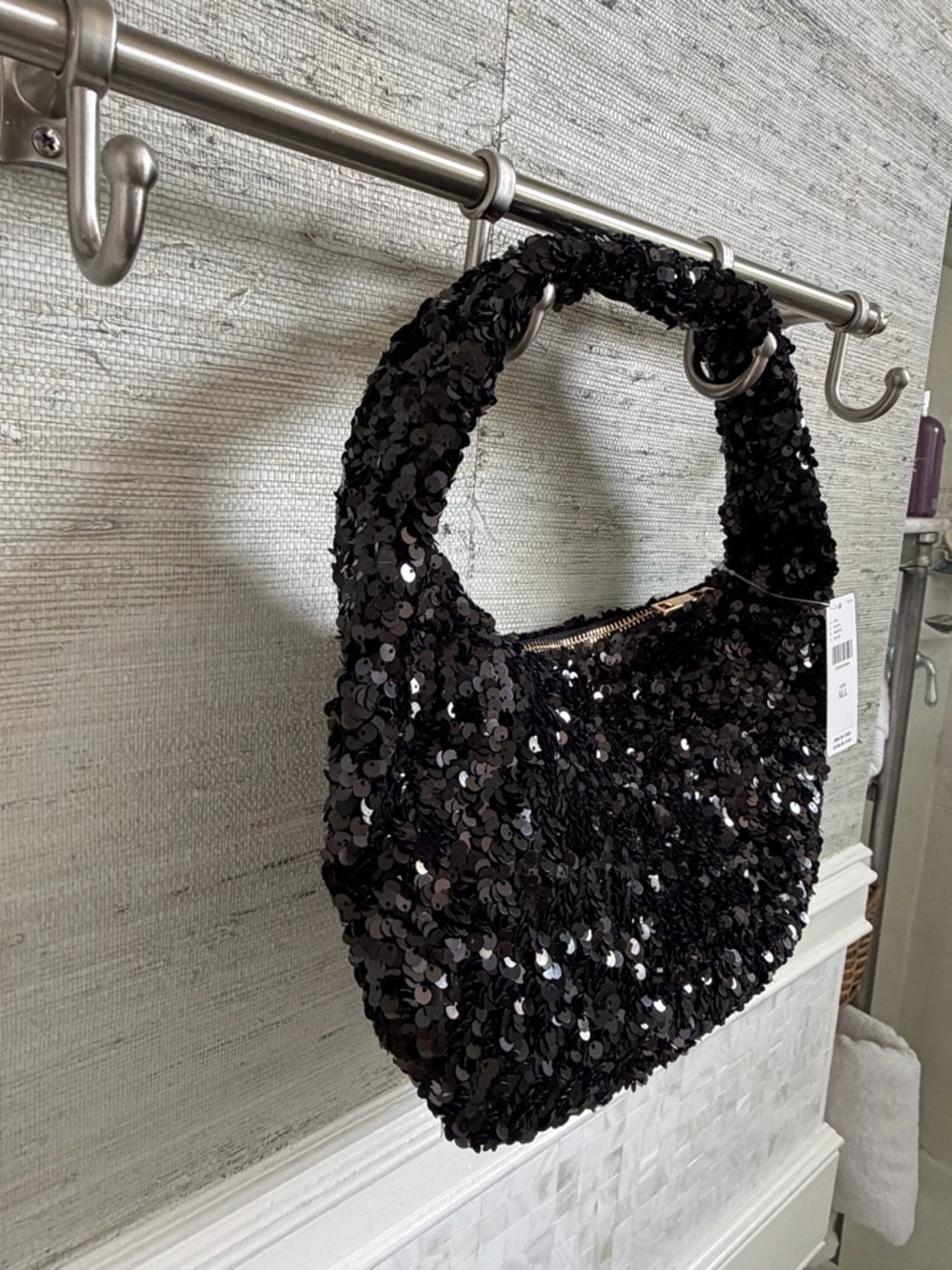 NWT new Anthropologie paillette sequin crescent bag black Shoulder purse - Picture 7 of 14